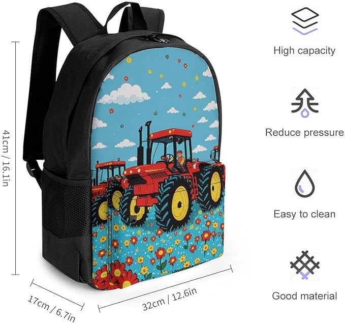 Daypack Bookbag Anti-Theft Multipurpose Large Capacity Bookbag, Farm Tractor Pattern Travel Hiking Camping Rucksack With Adjustable Shoulder Straps