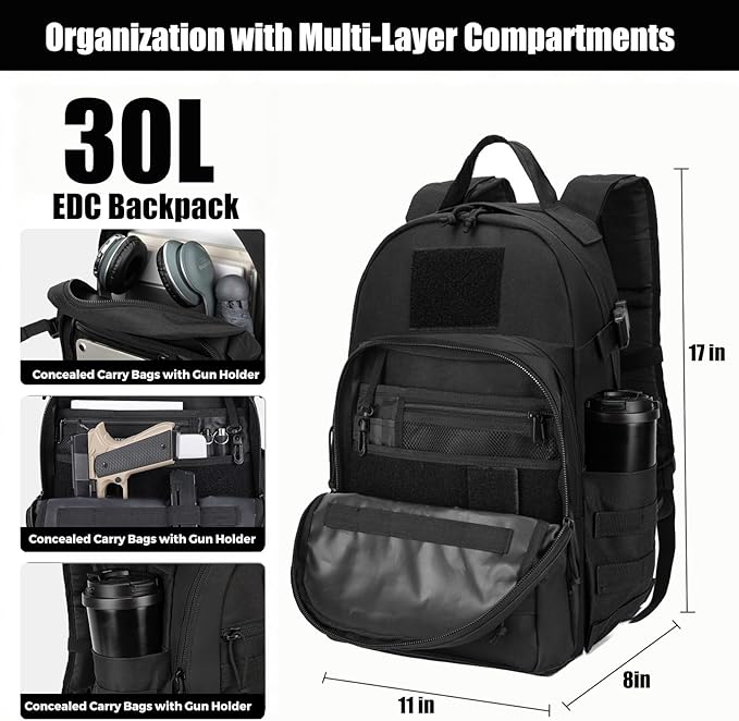 Tactical Backpack for Men Military Backpacks with Holster Army 3 Days Assault Pack Bug Out Bag for Hiking Camping (Black)