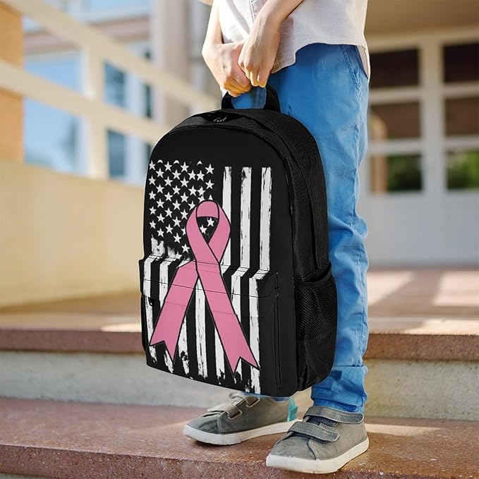 Supdreamc Daypack Backpack Anti-Theft Multipurpose Big Capacity Bookbag, Breast Cancer Awareness Pink Ribbon American Flag Business Computer Bag With Side Pockets