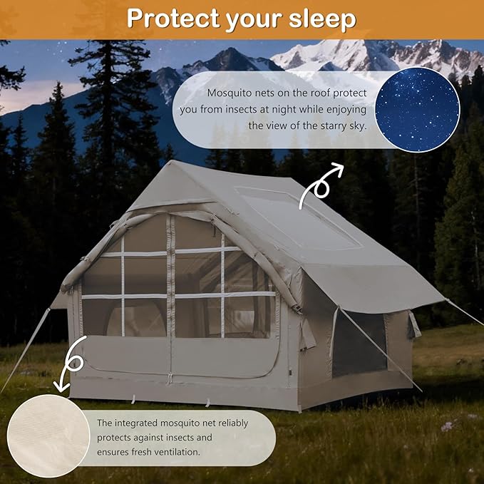 Inflatable Tents with Hand Pump Hot Tent with Stove Jack Easy Blow Up Glamping Tent with Mesh Windows, 4-6 Person Instant Family Camping Tents Waterproof for 4 Seasons