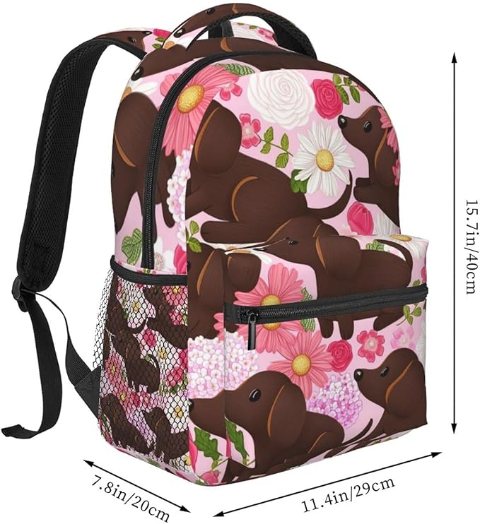 Daypack Bookbag Anti-Theft Multipurpose Large Capacity Bookbag, Golden Retriever Dog Pink Flower Travel Hiking Camping Rucksack With Adjustable Shoulder Straps