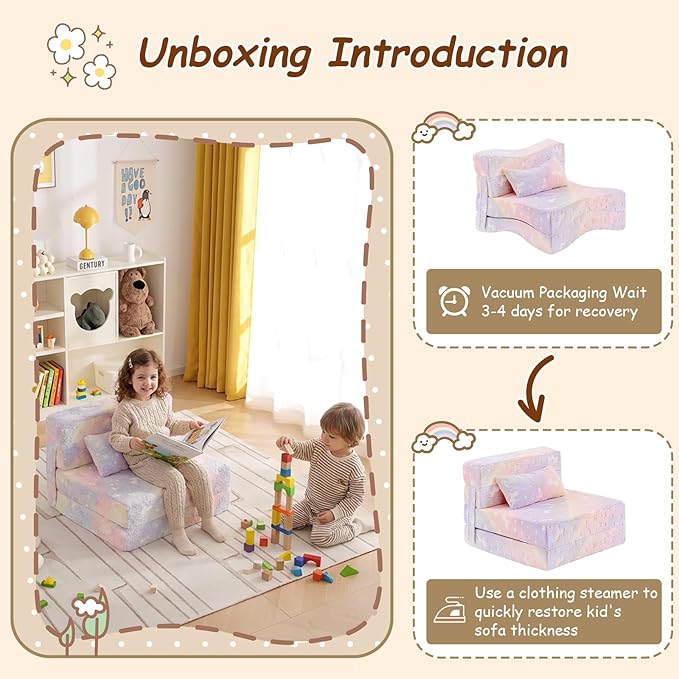 Folding Sofa Bed Floor Mattress for Kids with Pillow, Toddler Washable Folding Floor Nap Mat Futon, Child Foldable Sofa Chair with Storage Bag for Playroom, Camping, Girls and Boys, Purple