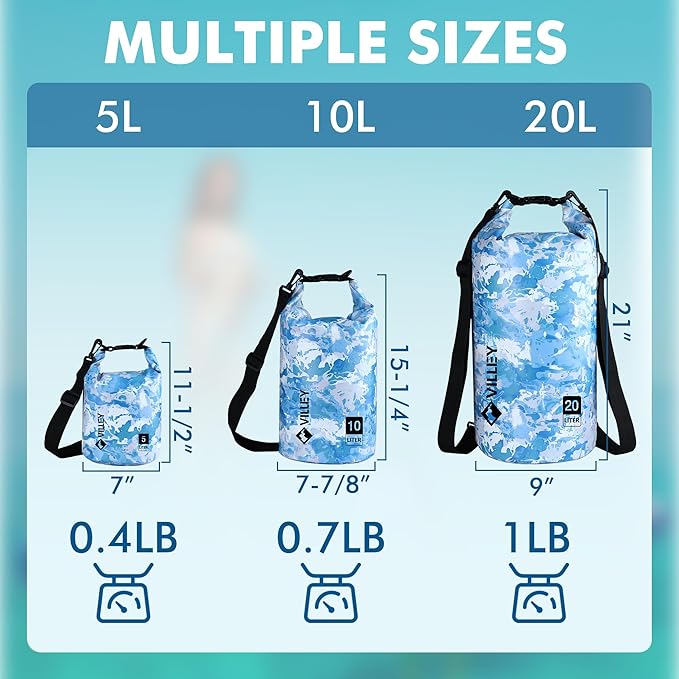 VILLEY Dry Bag Waterproof 5L Roll Top Storage Backpack, Keeps Gear Dry Lightweight Backpack for Kayaking Boating Camping Swimming and Beach Accessories Blue Camo