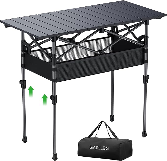 GARLLEN Folding Camping Table, 2 Adjustable Height Portable Roll-up Picnic Table with Storage Net, Lightweight Aluminum Outdoor Table with Carrying Bag for Camping, BBQ, Picnic, 32.2" L x 15.7" W
