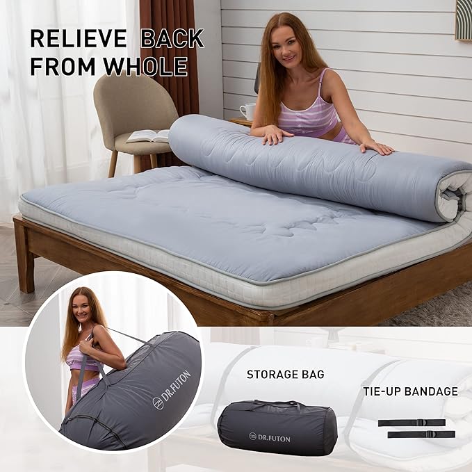 Dr.Futon Japanese Floor Futon Mattress Extra Thick Folding Roll Up Bed Topper Mat for Guest,Lounger and Tavel