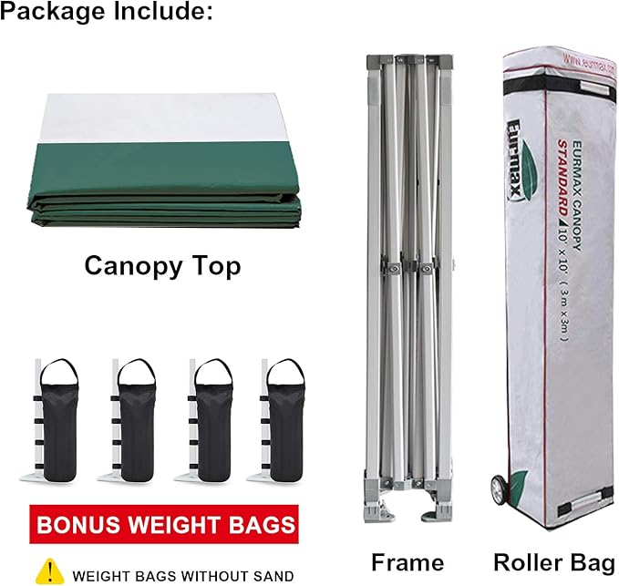 Eurmax USA Standard 10x10ft Patio Pop Up Canopy Tent for Outdoor Events Commercial Instant Canopies with Heavy Duty Roller Bag,Bonus 4 Canopy Sand Bags (Stripe Green)