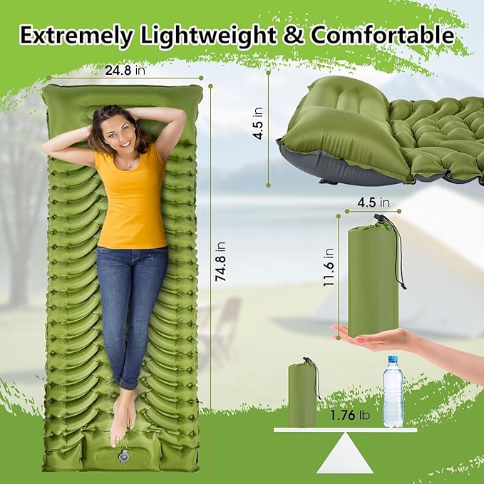 Inflatable Camping Sleeping Pad with Built-in Foot Pump & Pillow - Portable Lightweight Air Mattress for Backpacking, Hiking, Tent - Compact Travel Sleep Mat (Green)