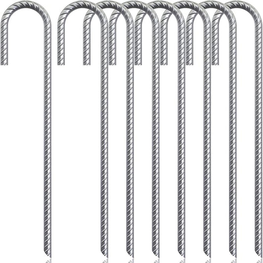 ASDFGHT J Hook Rebar Stakes 12 & 16 Inch (Black or Silver), Heavy Duty Professional Quality Ground Anchors for Chainlink Fence, Sports nets, Camping, Trampolines, Irrigation Pipes and Garden