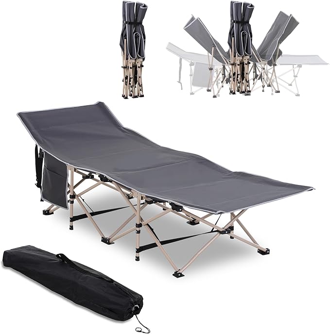Outsunny Folding Camping Cot for Adults with Carry Bag, Side Pocket, Outdoor Portable Sleeping Bed for Travel, Camp, Vacation, 330 lbs. Capacity, Gray