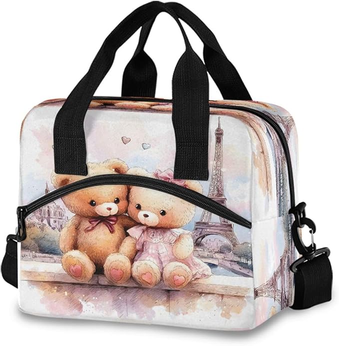 ALAZA Bear Bow Eiffel Tower Lunch Box for Men Women Adults Insulated Lunch Bag Cooler Bag with Adjustable Shoulder Strap for Work Picnic Travel