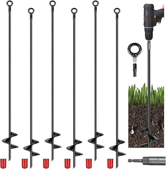 6 Pcs 40 Inch Extra Long Ground Anchor 4" Wide Helix 14 mm Rod Auger Earth Ground Anchor Metal Heavy Duty Anchors Hook Wind Stakes Eye Anchor for Guying Tents Fencing Canopies Bridge House