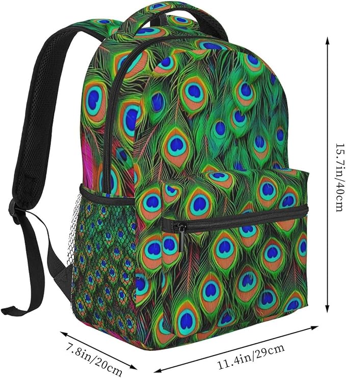 Daypack Backpack Anti-Theft Multipurpose Big Capacity Bookbag, Colorful Peacock Feather Art Business Computer Bag With Side Pockets
