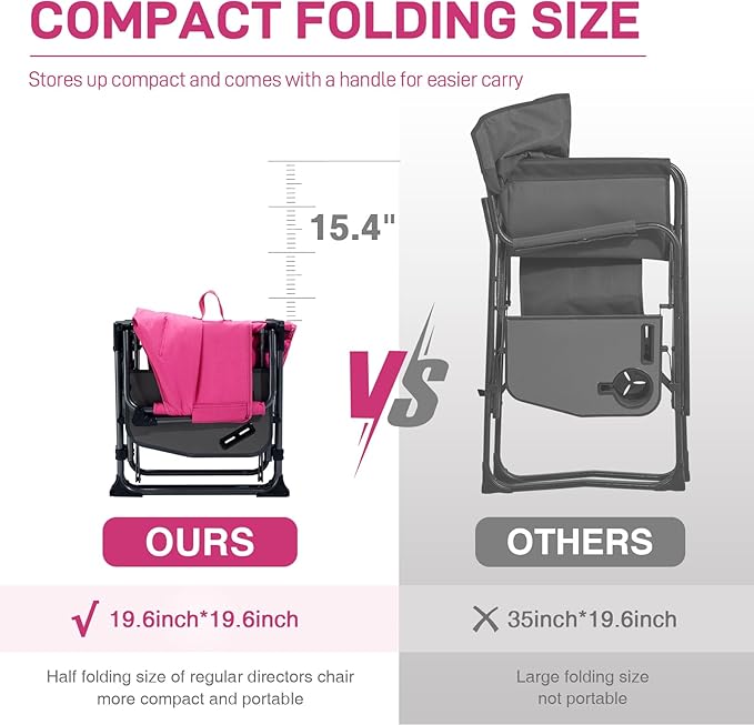 EVER ADVANCED Camping Directors' Chair with Side Table, Portable Folding with Compact Size, Heavy Duty Lawn Chair with Pocket for Camping, Lawn, Sports and Fishing, 400lbs, Pink
