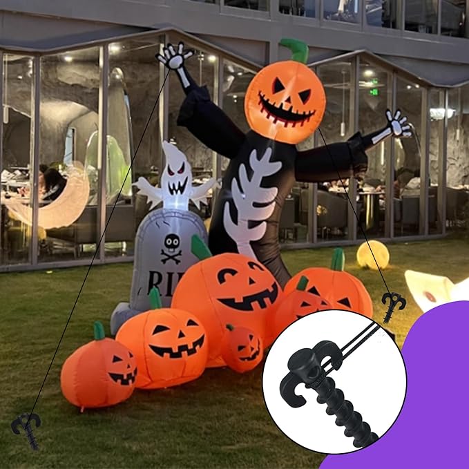 12 Sets Inflatable Stakes Replacement Set, 12 PCS 7.7" Inflatable Plastic Stakes with Tethers Ropes and Alloy Hooks, Heavy Duty Tent Stakes for Garden Yard Ground Halloween Christmas Outdoor Decor