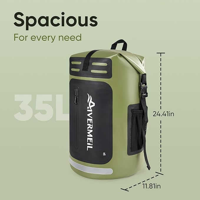 Dry Bag Waterproof Backpack 35L for Men & Women Roll-Top Hiking Backpack with IPX8 Waterproof Phone Case for Kayaking Boating Cushioned Padded Back Green