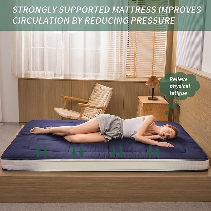 MAXYOYO Futon Mattress, Padded Japanese Floor Mattress Quilted Bed Mattress Topper, Extra Thick Folding Sleeping Pad Breathable Floor Lounger Guest Bed for Camping Couch, Navy, Queen