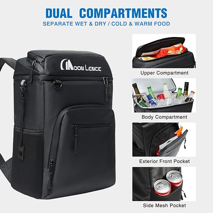 MOON LENCE Backpack Cooler for Men 32 Cans, Camping Backpack Leak Proof w/Multi Insulated Compartments, Portable Lightweight Lunch Backpack for Beach Travel Picnics, Black