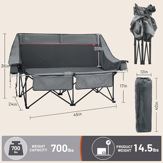 Timber Ridge Heated Double Camping Chair, 700 lbs Heavy Duty Outdoor Folding Camp Couch, Oversized Comfort Loveseat Camping Chairs Perfect for Outdoor Sports, Camping, Lawn(Power Bank not Included)