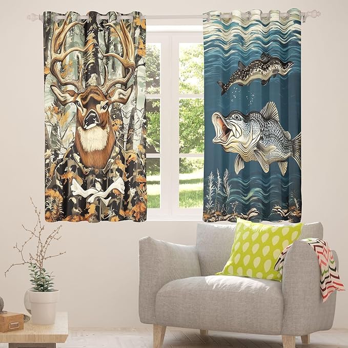 Manfei Camo Deer Hunting Window Drapes,Basa Fish Lake House Rustic Farmhouse Boys Girls Room Decor,Dead Branch Sea Water Camping Blackout Curtains,Brown 2 Panels,42Wx84L inch