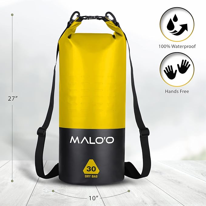 Malo’o DryPack 30L Waterproof Kayak Dry Bag, Heavy Duty Roll-Top Dry Bag with MOLLE Grid and Carry Straps for Fishing, Paddle Boarding, Boating, Camping, and Travel, Yellow