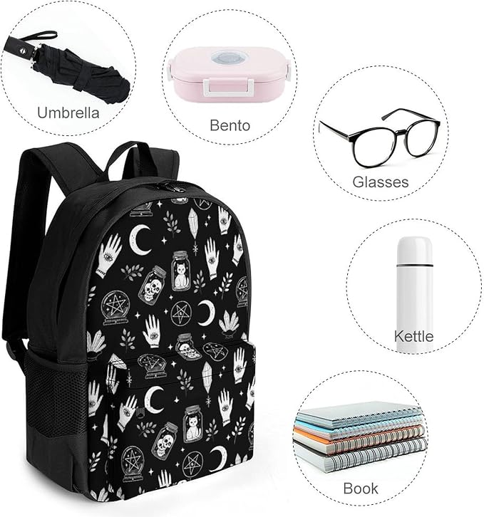 Rucksack Polyester Anti-Theft Multipurpose Black Cat Moon Gothic Skull Raven Carry On Bag Large Capacity Travel and Sport Backpack Rucksack With Smooth Zippers