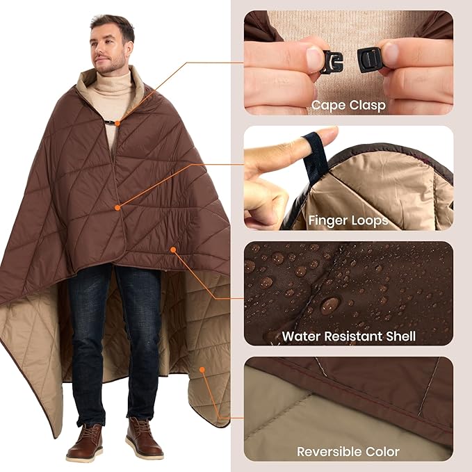 Outdoor Puffy Blanket, Reversible Warm Camping Blanket, Water-Resistant, Packable, Lightweight, Camping Quilt, for Stadium, Backpacking, Hammock, Picnic. 79"x55". Classic Coffee