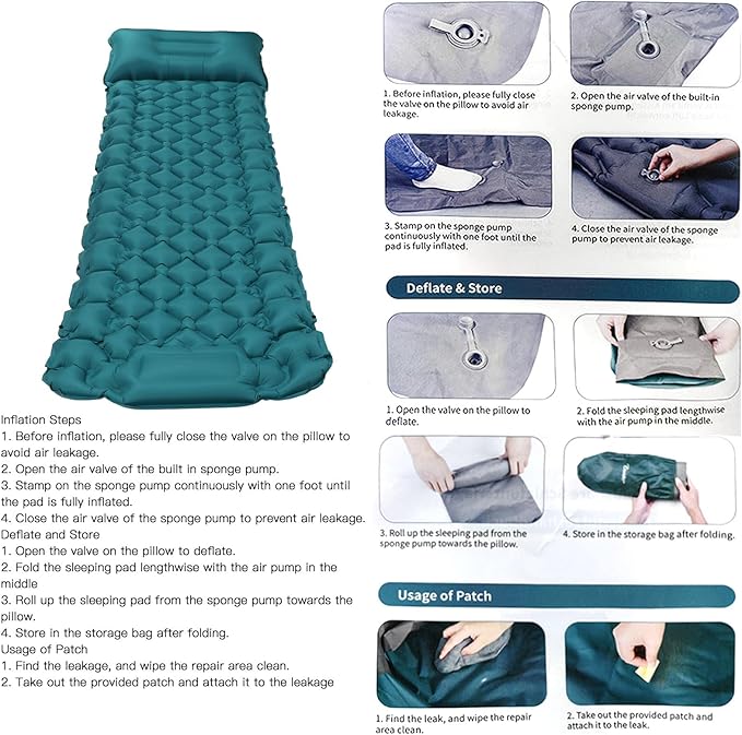 Camping Mattress, Inflatable Camping Sleeping Pads with Curved Pillow Portable Ultralight Sleeping Pad Peacock Blue for Camping Ergonomic Design Waterproof Nylon Camping Mat for Outdoo