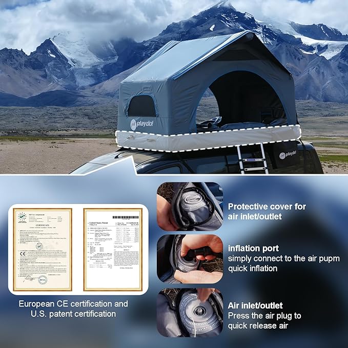 PlayDo Air Tents for Camping Rooftop Tent Easy Setup Inflatable Roof Tent Blow Up Car Top Tent for Pickup Truck SUV with Strip Light, Ladder, Air Mattress