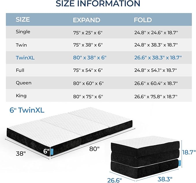Odorless Foldable Mattress Twin XL 80" x 38" x 6", 6 Inch Folding Foam Mattress with Storage Bag, Fiberglass Free Trifold Memory Foam Mattress for RV, Guest Bed