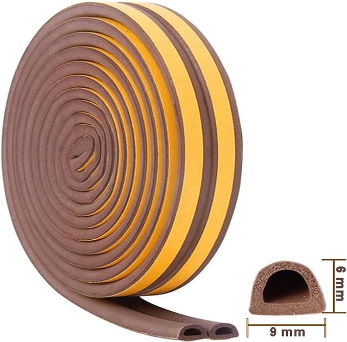Weather Stripping Seal Strip Tape, Doors Windows Frame Self Adhesive D Type Foam Sealing Tape, 32.8Ft Rubber Soundproof Insulation Cell Foam Stripping, Brown