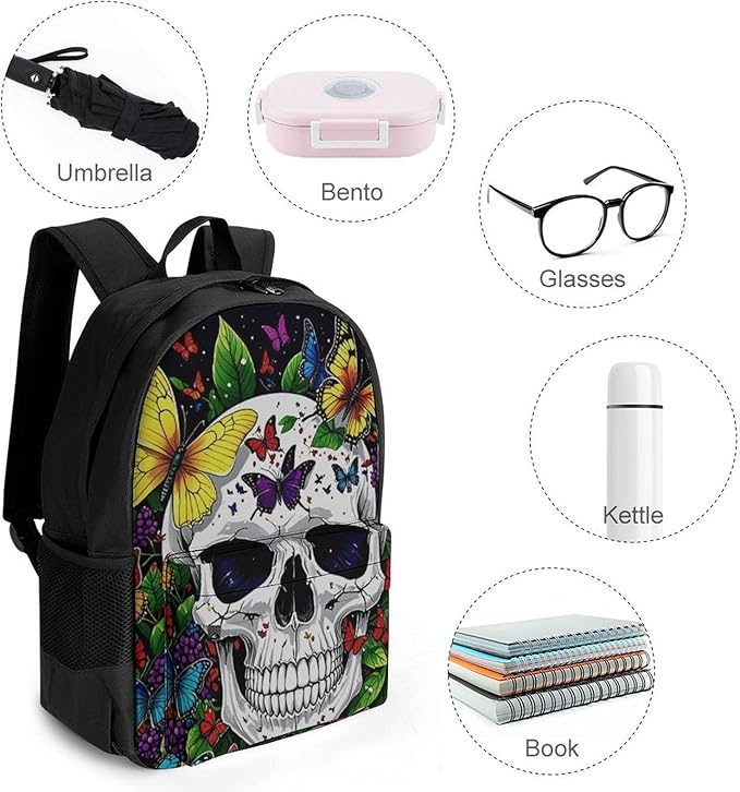 Men Women Lightweight Magic Mushrooms Skull Psychedelic Butterfly Art Casual Daypack Large Capacity Bookbag With Adjustable Shoulder Straps for Gym Business Bicycle