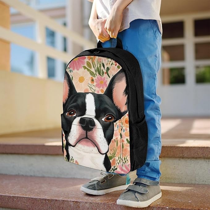 Supdreamc Men Women Lightweight Boston Terrier Floral Backpack Large Capacity Carry On Bag With Padded Straps for Sports Work Walking Cycling