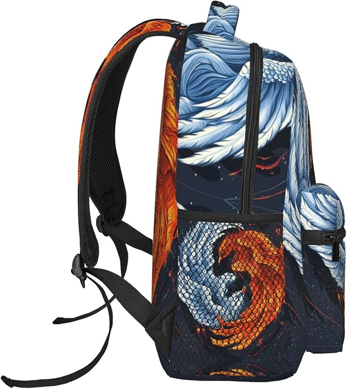 Men Women Polyester Ice Water Fire Flame Phoenix Bird Art Daypack Big Capacity Shoulder Bag With Adjustable Shoulder Straps for Camping Travel Walking Cycling