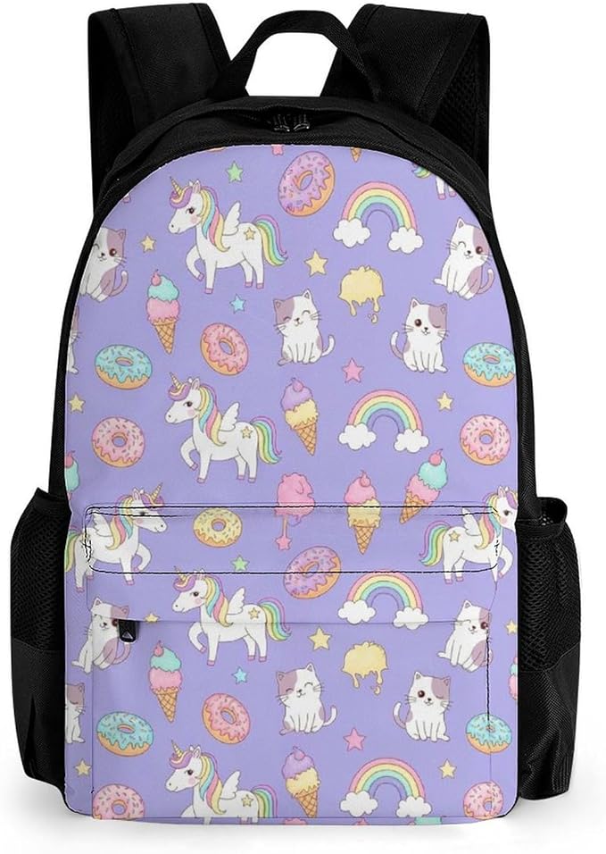 Daypack Backpack Polyester Anti-Theft Multipurpose Purple Donuts Unicorns Bookbag Big Capacity Travel Hiking Camping Rucksack With Smooth Zippers