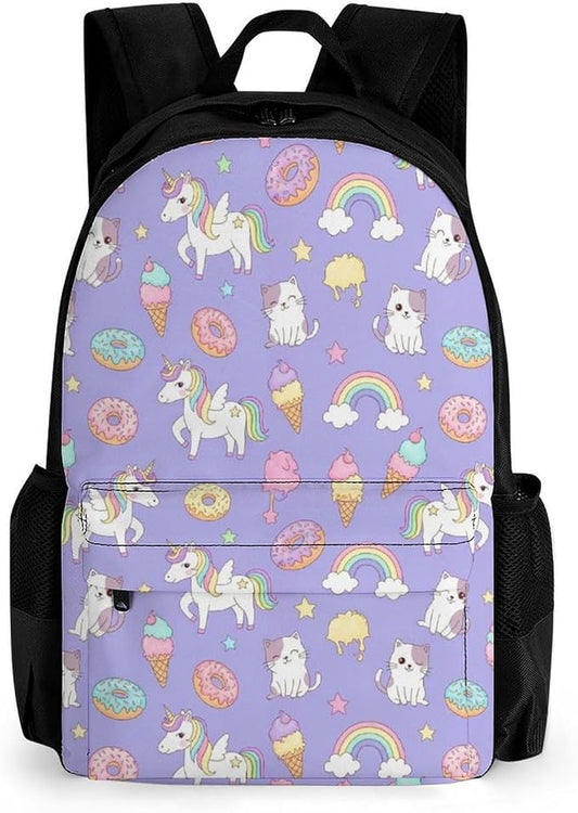 Daypack Backpack Polyester Anti-Theft Multipurpose Purple Donuts Unicorns Bookbag Big Capacity Travel Hiking Camping Rucksack With Smooth Zippers