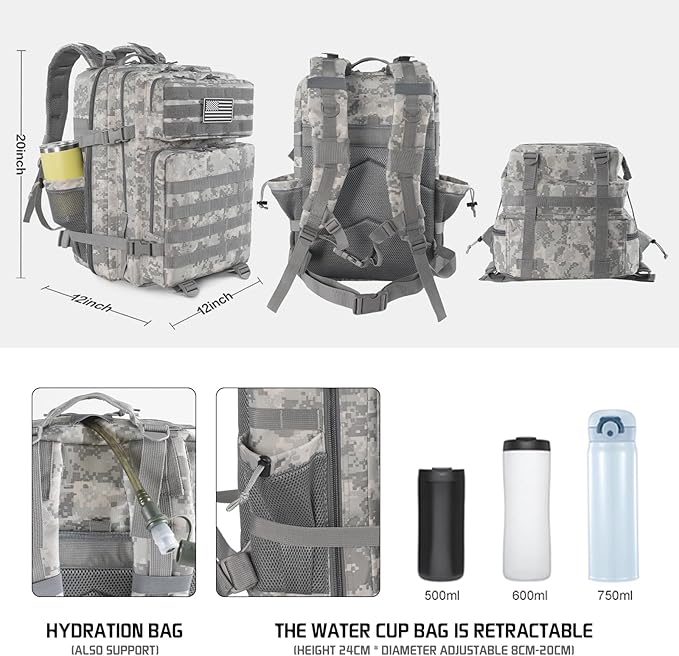 45L Grey Camo Military Tactical Backpack 3 Day Molle Assault Pack Large Army Bug Out Bag Rucksack Daypack for Men Outdoor Hiking Army Camping Hunting