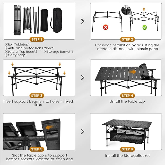 Lightweight Aluminum Folding Camping Table (37.13” x 21.57” x 19.69”), Portable Roll-Up Design for Outdoor, Camping, Beach, BBQ, Patio, and Picnic, Durable & Waterproof with Carrying Bag