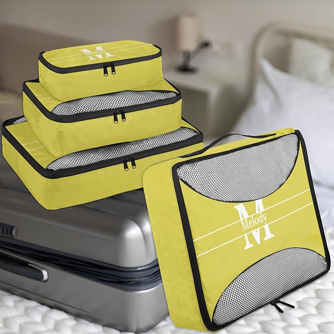 Personalized 4 Set Packing Cubes Luggage Packing Organizers Travel Accessories for Women Girls Men, Lemon Yellow Initial Letter
