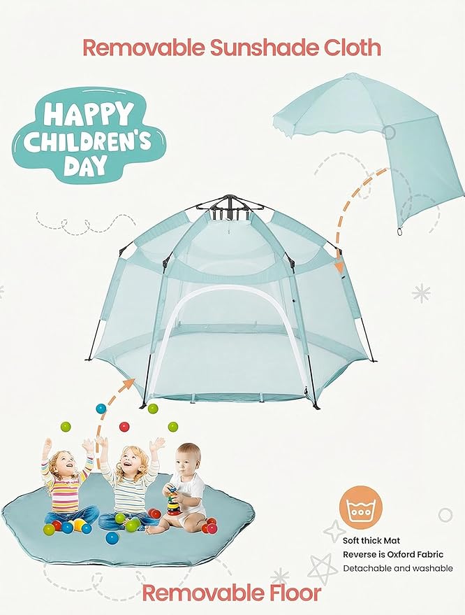 Porayhut Large Pop Up Play Tent for Kids, 78" Instant Toddler Playhouse with Removable Floor & UV50+ Sun Shade, 360° Mesh Mosquito-Free Tent for Indoor Outdoor Beach Backyard, Fits 4 Kids