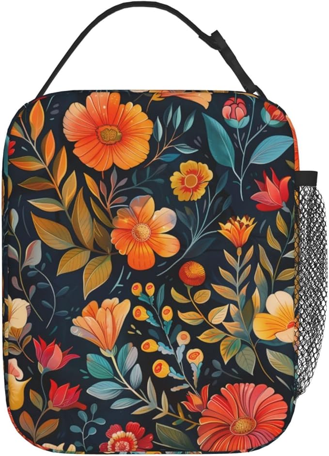Vintage Floral Insulated Lunch Box for Women Men Retro Colorful Flower Design Lunch Bag for Work,Picnic,Travel,Hiking,Beach or Fishing Polyester Nature Lovers Lunch Box