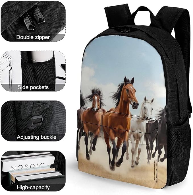 Men Women Polyester Wild Animal Running Horses Art Daypack Bookbag Big Capacity Shoulder Bag With Padded Straps for Climbing Travel Walking Cycling