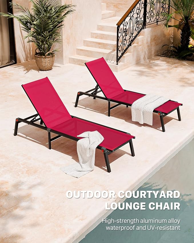 Aluminum Patio Chaise Lounge Chair Set of 2 with Side Table,5-Position Adjustable Backrest,Foldable Lounge Chair Outdoor,Pool Lounge Chairs for Poolside,Lawn,Deck,Beach (Red, 2 Pack+Table)