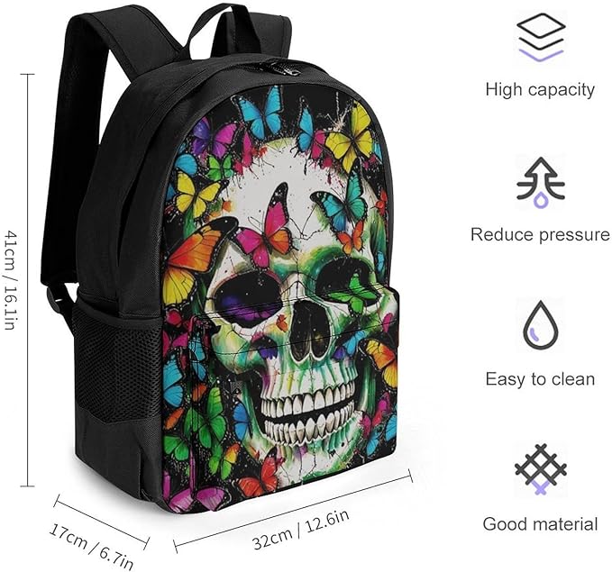 Men Women Polyester Mexican Skulls Colorful Butterfly Daypack Bookbag Big Capacity Shoulder Bag With Padded Straps for Climbing Travel Walking Cycling