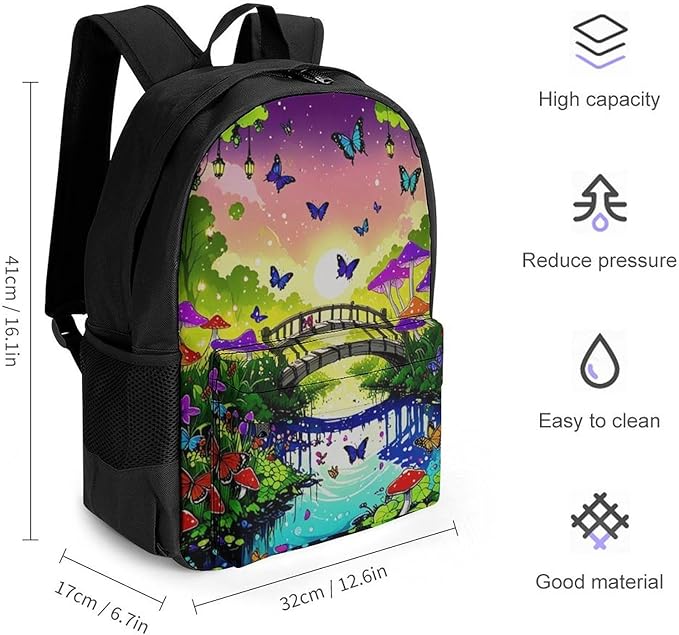 Supdreamc Men Women Polyester Psychedelic Mushroom Trippy Magic Butterfly Art Daypack Backpack Large Capacity Carry On Bag With Smooth Zippers for Hiking Picnic Walking Cycling