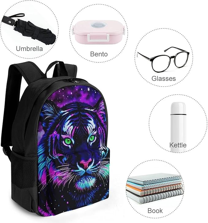 Polyester Daypack for Camping Travel Walking Cycling, Big Capacity Anti-Theft Multipurpose Bookbag, Mystic Fantasy Galaxy Sky Fantasy Wild Animals Tiger Art Camping Outdoor Backpack