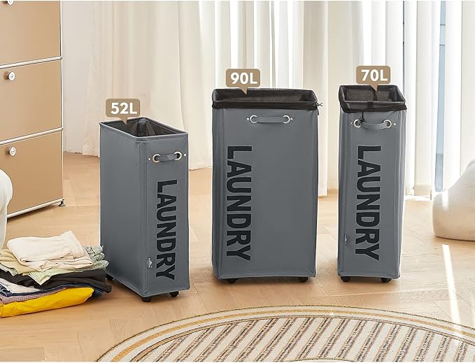 DOKEHOM 25-Inches Slim Laundry Basket on Wheels, Collapsible Rolling Laundry Hamper, Foldable Narrow Corner Clothes Storage Bins (Dark Grey)