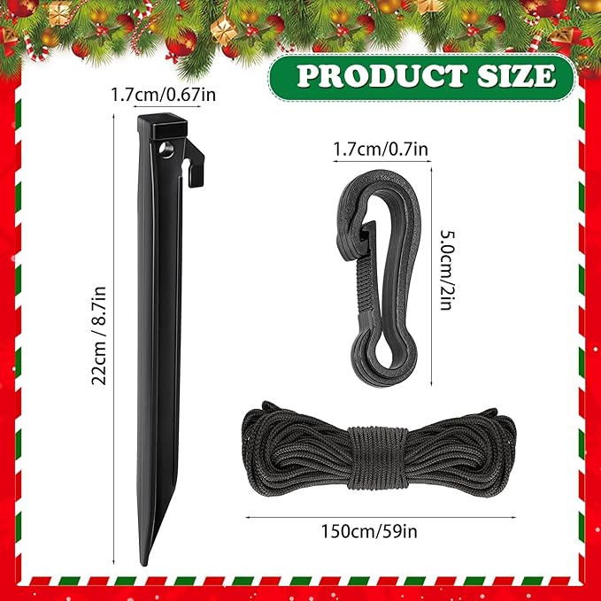 JULMELON 24 Pieces Plastic Inflatable Stakes Set, Include Tent Stakes, Tethers Ropes and Hooks Heavy Duty Yard Ground Lawn Stakes for Halloween Christmas Holiday Outdoor Decorations(8.7in)