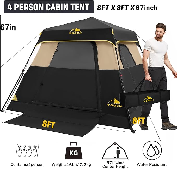 3/4 Person Camping Tent with 1 Door, 4 Windows, and Upgraded Ventilation– Instant Setup, Waterproof, 8'x 8'x 67''Oxford Fabric Floor Pop Up in 60 Seconds Includes Rainfly and Backpack