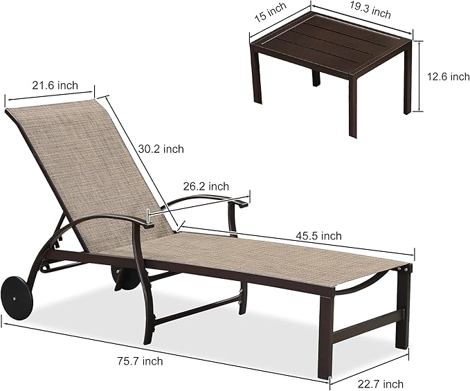 PURPLE LEAF Outdoor Chaise Lounge Chair Set of 3 Patio Pool Lounger Aluminum Chairs with Side Table and Wheels Adjustable Tanning Recliner for Outside Backyard Yard Deck Balcony Beach Brown