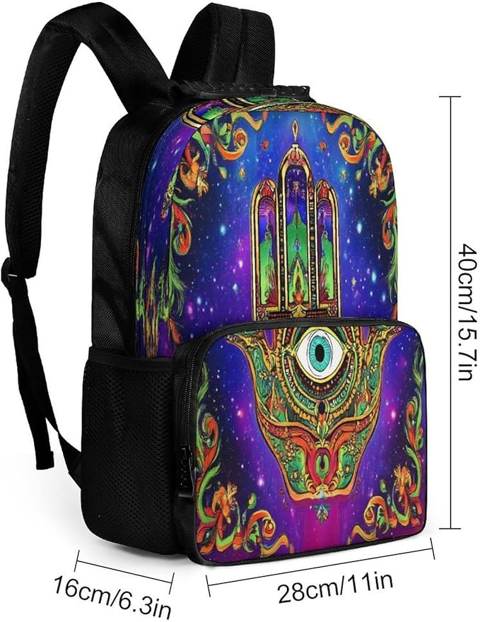 Polyester Daypack Backpack for Climbing Outdoors Running, Big Capacity Multipurpose Anti-Theft Bookbag, Colorful Eye Hamsa Hand Lotus Ethnic Indian Art Travel Hiking Camping Rucksack